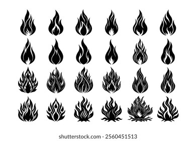 24 set of black and white fire flames silhouette on a white background