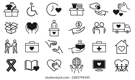 24 set of Charity icons illustration. vector. Contains such Icons as Help, Box of Clothes, gift, care, love symbol. editable file. Eps