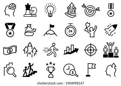 24 Set Of Motivation And Target Vector Icons. Contains Such Icons As Achievement, Business Goal, Mission Path, Strategy, Success, Growth, Career, Commitment, Enthusiasm, Ambition And More. Editable. 