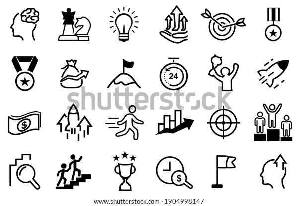24 Set of Motivation and Target Vector Icons.\
Contains such Icons as Achievement, Business goal, Mission Path,\
strategy, success, growth, career, commitment, enthusiasm, ambition\
and more. editable. 