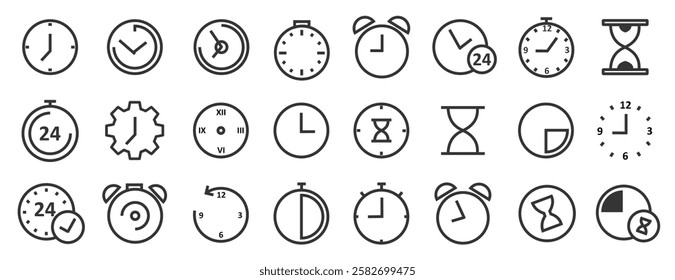 24 set of time icon illustration. clock symbol vector. isolated on black white color. editable file