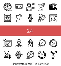 24 simple icons set. Contains such icons as Clock, Hourglass, Digital clock, Operator, Watch, Timer, Support, Service, Assistant, Support services, can be used for web, mobile and logo