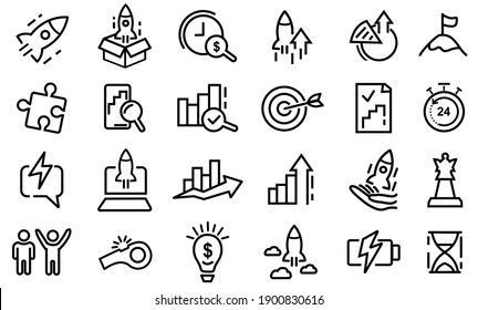 24 Simple set of Startup line icons. Launch Project, Business report and Target. Strategy linear icon. Contains such Icons as Goal, Out of the Box Idea, Launch Project. Editable Stroke Vector