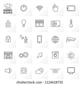 24 Smart Home Editable Icons Set of Outline Stroke Style Most Popular Signs for House Automation Interface - Grey Symbols on White Natural Paper Effect Background - Vector Graphic Design