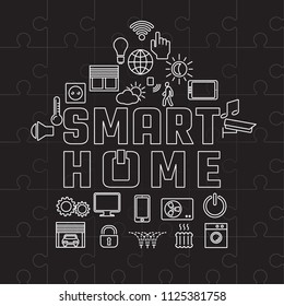 24 Smart Home Editable Inverted Icons Set as House Composition of Outline Stroke Style Most Popular Signs for Automation Interface - White on Black Puzzle Background - Vector Graphic Design