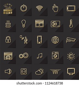 24 Smart Home Icons Set of Glossy Gold Style Most Popular Signs for House Automation Interface - Golden Symbols on Black Paper Effect Background - Vector Gradient Graphic Design
