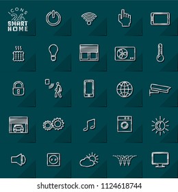24 Smart Home Icons Set of Metallic Silver Style Most Popular Signs for House Automation Interface - Silver Symbols on Turquoise Paper Effect Background - Vector Gradient Graphic Design