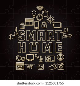 24 Smart Home Icons Set as House Composition of Glossy Gold Line Style Most Popular Signs for Automation Interface - Golden on Black Puzzle Pieces Background - Vector Gradient Graphic Design