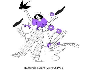 24 solar terms: Beginning of spring, rain, awakening of insects, spring breeze, Qingming Festival, Grain Rain, flat character vector concept operation hand-drawn illustration
