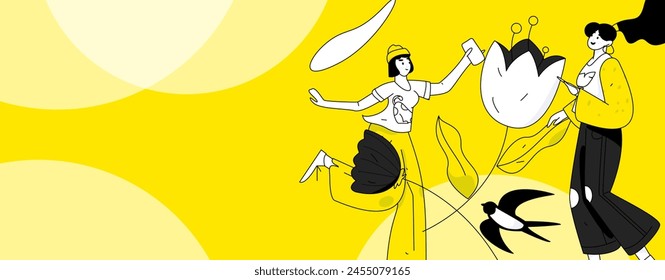 24 solar terms: Beginning of spring, rain, awakening of insects, spring breeze, Qingming Festival, Grain Rain, flat character vector concept operation hand-drawn illustration
