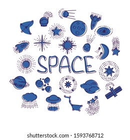 24 space icon collection, outline, blue color.