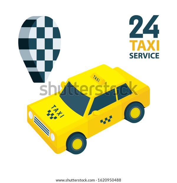 24 Taxi service. Isometric taxi and map pin vector\
illustrations collection. Low poly car graphic. Taxi order concept.\
Part of set.