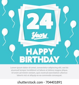 24 th birthday celebration greeting card paper art style design, birthday invitation poster background with balloon. twenty four anniversary celebrations blue color
