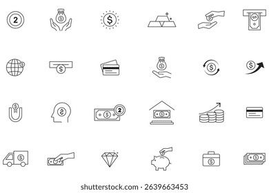 24 Thin Line Money Icons Set . Modern Payment Linear Symbols . money management, wallet, banking, ATM, piggy bank, investment profit, finance growth chart, money increase, finance icon collections. 