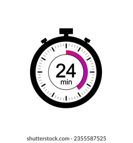 24 timer minutes symbol, 24 min timer clock icon flat design isolated on white background.