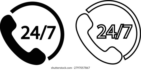 24 to7 Customer Support Hotline Service Icon Set Collection Group, Helpdesk Call Center Symbols Bundle, Twentyfour Seven Assistance, Helpline, Contact, Support Vector in Flat and Line Style