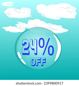 24% burbuja transparente de jabón en cielo azul para descuento y promoción, colores azul y blanco