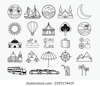 24 Travel and Hotel Black and White Clipart Set Design