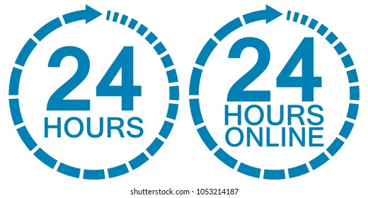 24 twenty four hour clock online service logo, blue sign vector 24 hours symbol time, service operating round the clock online