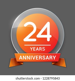 24 / Twenty Four Years Anniversary Logo with Glass Emblem Isolated. 24th Celebration. Editable Vector Illustration.