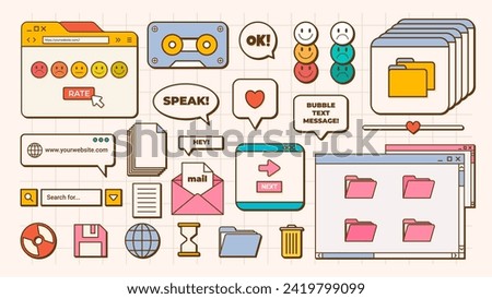 24 User Interface Elements. Old Retro PC screen in the y2k style. Retro wave and vaporwave vintage elements. Modern nostalgic computer interface icons.