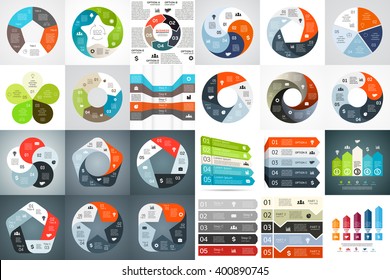 24 vector circle arrows infographic, diagram, graph, presentation, chart. Business startup cycle concept with 5 options, parts, steps, processes. Infographics flat and 3D data templates big set.