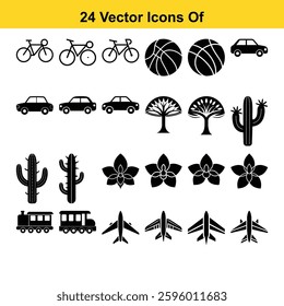 24 Vector Icons Bundle . Transportation, Nature a Sports Icon Set