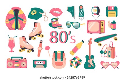 24 vector retro elements in 80s style. Hand drawn objects in flat style. 80s atmosphere. Vector illustration