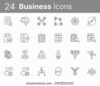 24 Versatile Business Icons for Presentations, Websites, and Apps: Download this high-quality vector set of outline icons representing finance, management, teamwork, and more