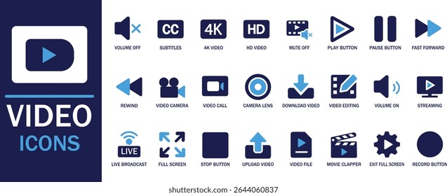 Video Conjunto de iconos 24. Símbolos de interfaz de medios y películas de diseño plano para transmisión, edición y producción.