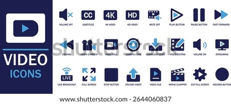 24 Video Icon Set. Flat Design Media and Movie Interface Symbols for Streaming, Editing, and Production.