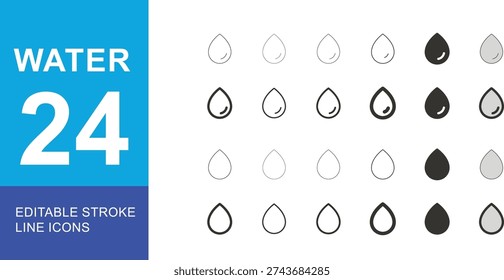 24 Water Drop Icons Editable Stroke Line Art for Various Applications