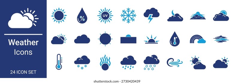 24 Clima Icons Set Flat Blue Vector Symbols for Forecast, Meteorology, Climate Environment; Incluye Elementos de sol, lluvia, nieve, nubes, índice UV, viento, temperatura y tormenta