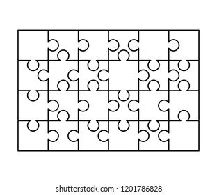 24 white puzzles pieces arranged in a rectangle shape. Jigsaw Puzzle template ready for print. Cutting guidelines isolated on white