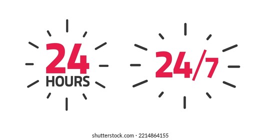 24 x 7 hours open service icon label red vector or working hrs time in a week badge sign illustration, business day support or assistance graphic 