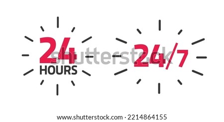 24 x 7 hours open service icon label red vector or working hrs time in a week badge sign illustration, business day support or assistance graphic 