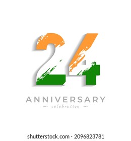 24 Year Anniversary Celebration with Brush White Slash in Yellow Saffron and Green Indian Flag Color. Happy Anniversary Greeting Celebrates Event Isolated on White Background