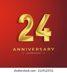 24 Year Anniversary Celebration with Golden Shiny Color for Celebration Event, Wedding, Greeting card, and Invitation Card Isolated on Red Background