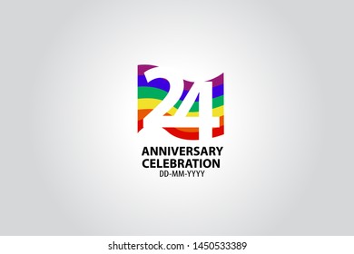 24 year anniversary celebration logotype with white number Emboss Style isolated on LGBT Colorful Flag on white grey background for invitation card, banner or flyer - vector