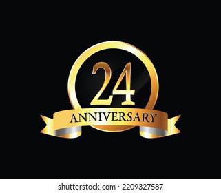 24 Year Anniversary celebration Vector Design with ring and ribbon. 24th Anniversary celebration. Gold Luxury Banner of 24th Anniversary celebration. twenty-fourth celebration card. Vector anniversary