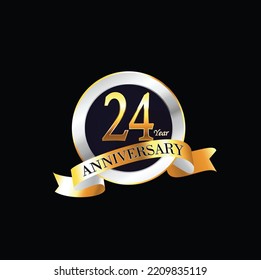 24 Year Anniversary celebration Vector Design with ring and ribbon. 24th Anniversary celebration. Gold Luxury Banner of 24th Anniversary celebration. twenty-fourth celebration card.