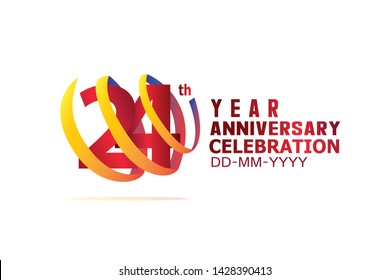 24 Year Anniversary, Red Color Text and Yellow-Orange-Blue Ribbon. Isolated graphic anniversary for banner, greeting card - vector