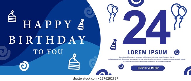 24 year celebration Creative Happy Birthday Text. Blue color decorative banner design, Vector illustration.