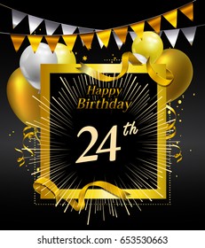 24 years anniversary celebration design. with confetti, balloon and flag golden colored isolated on black background, vector design for greeting card and invitation card