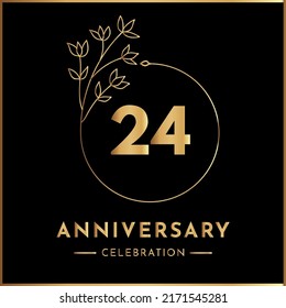 24 years anniversary celebration with golden floral frame isolated on black background. Creative design for happy birthday, wedding, ceremony, event party, marriage, and greeting card.