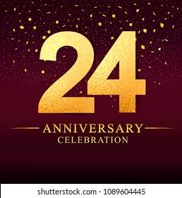 24 years anniversary. celebration logotype 24th years.Logo with golden and on dark pink background, vector design for invitation card, greeting card. 