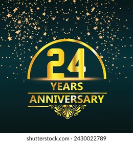 24 years anniversary. celebration logotype 24th years.Logo with golden and on dark pink background, vector design for invitation card, greeting card.