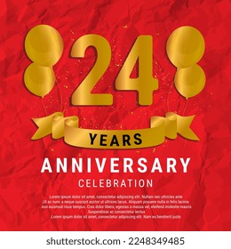 24 Years Anniversary celebration. Luxury happy birthday card background with elements balloons and ribbon with glitter effects. Abstract Red with Confetti and Golden Ribbon. Vector Illustration EPS10