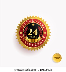 24 Years Anniversary Gold And Red Badge Logo. Vector Illustration Eps.10