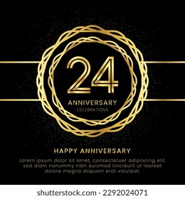 24 years anniversary with a golden number, golden glitters, and a golden circle rope on a black background. Circle a gold hexagon with glitter.